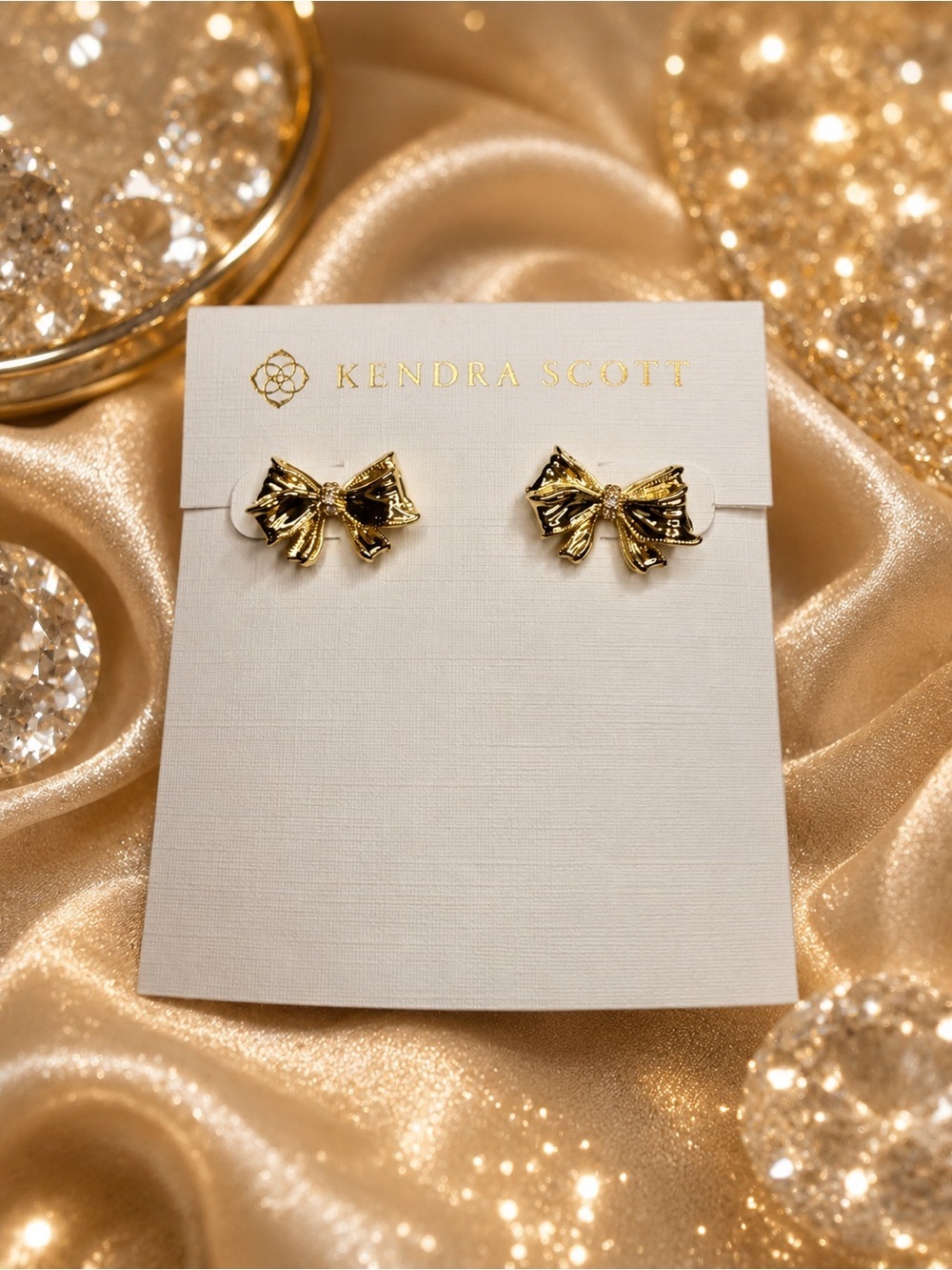 LoveShackFancy x Kendra Scott Gold Bow Stud Earrings Crystal Accent Coquette